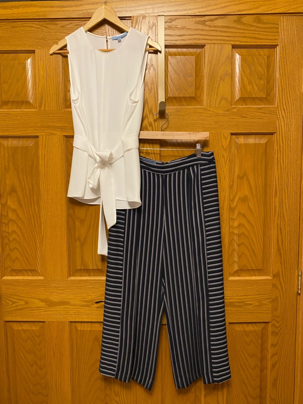 ANTONIO MELANI White Tie-Front Sleeveless Top & Black Striped Cropped Pants